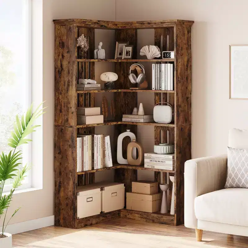 CuisinSmart Farmhouse Corner Book Shelf, with 5-Tire Shelf, Tall Standing Bookshelves, L Shaped Large Display Racks Book Shelf