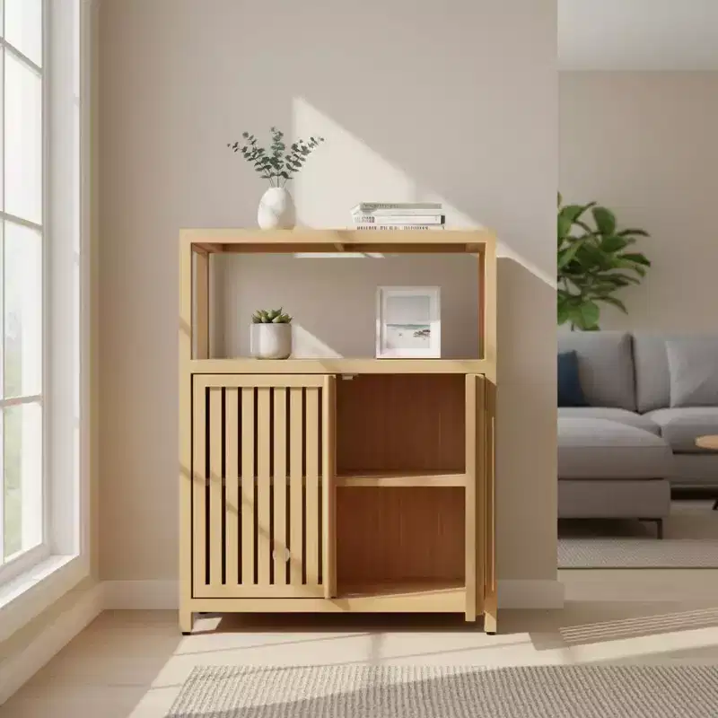 Homy Casa Large Capacity Bamboo Storage Cabinet with Double Doors, Open Shelf