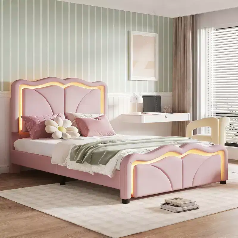 PU Upholstered Platform Bed with Height-adjustable Headboard for Kids Room, Pink