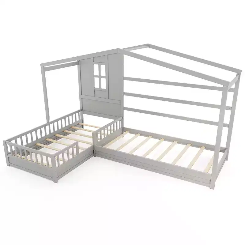 L-shaped Double Twin Beds House Platform Beds w/ Window & Fences ray