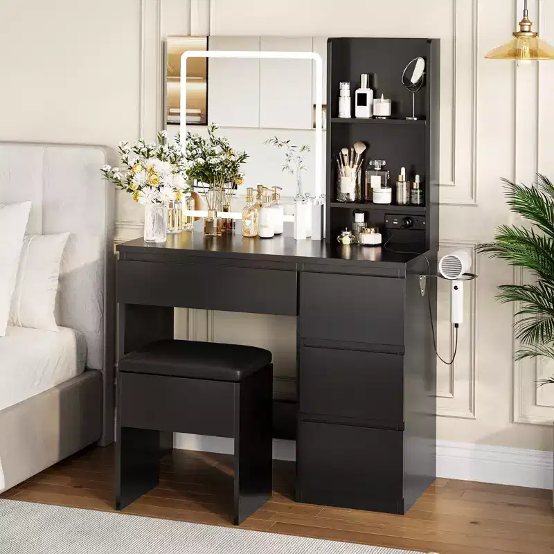 Vanity Desk with Mirror LED Lights, 4 Drawers, Power Outlet, Storage Stool, Shelves and Hair Dryer Holder