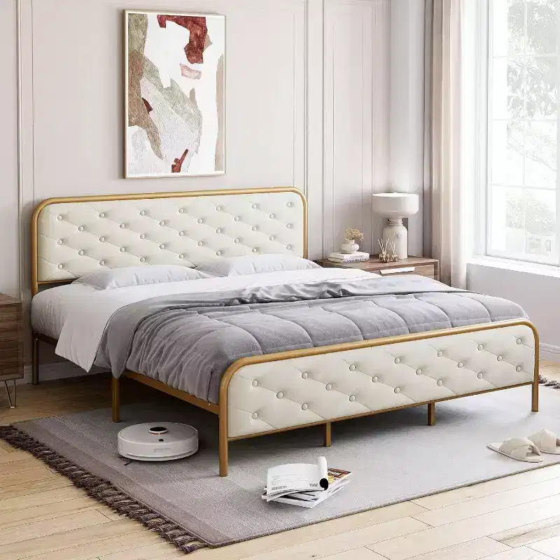 King Size Velvet Platform Bed Frame with Button Tufted Curved Headboard and Gold Metal Frame