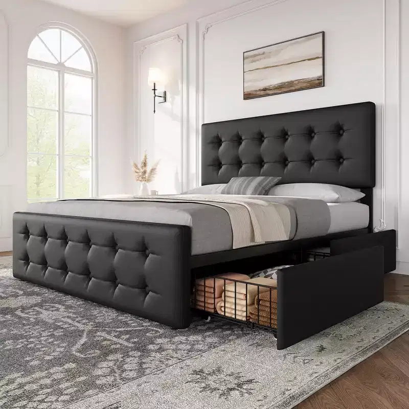 Bed Frame, Queen Size Faux Leather Upholstered Platform Bed with 4 Storage Drawers & Headboard - Button Tufted, No Box Spring Needed Black