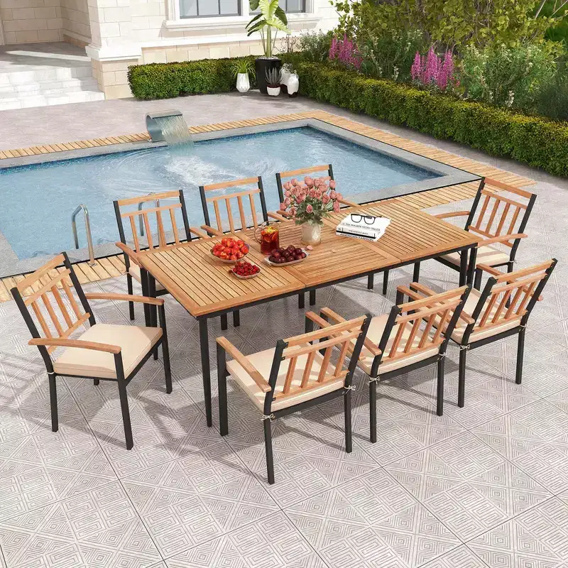 Costway 9 PCS Patio Dining Set 79 Rectangle Dining Tables with 8 Wooden Armchairs