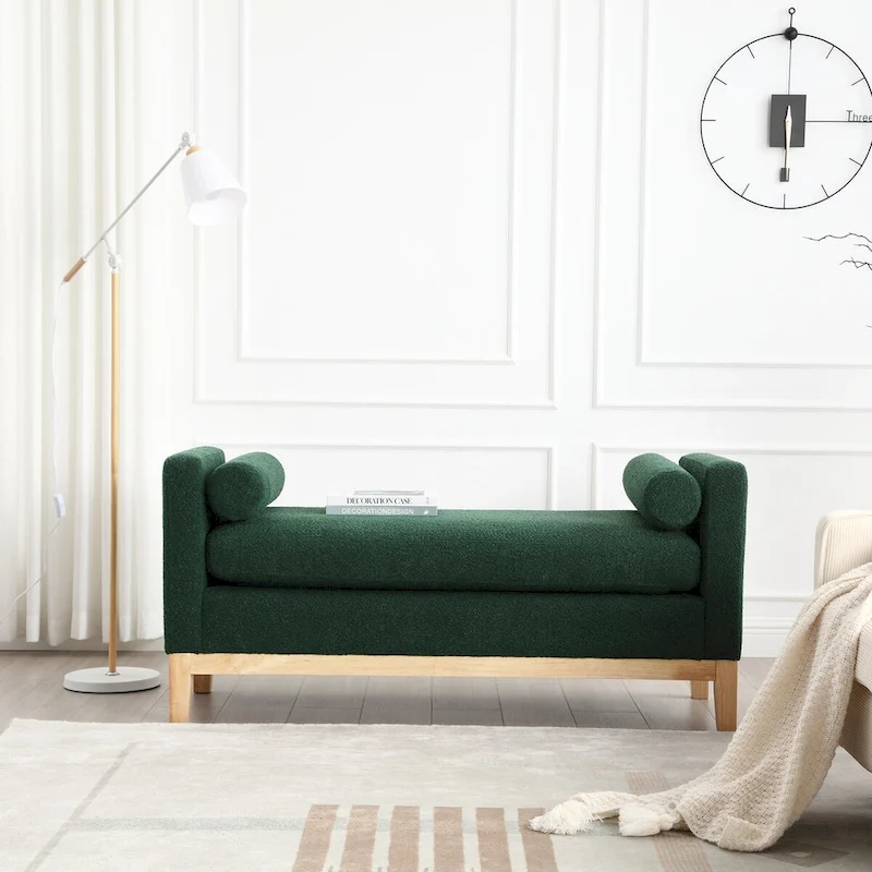 53.5W Elegant Boucle Upholstered Bench, Ottoman with Wood Legs & Bolster Pillows