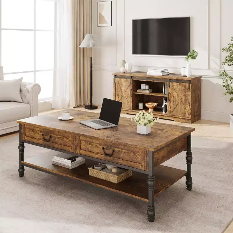 Coffee Table, 41'Rustic Coffee Table with 2 Storage Drawers - Rectangular Wood Table w/Metal Legs (Living Room/Office)