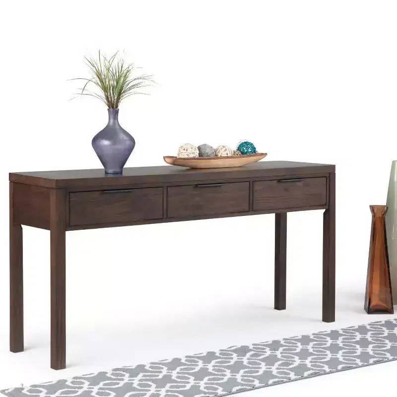 WyndenHall 60" Fabian Wide Console Table Walnut Brown: Mid-Century Modern, Hardwood Frame, Acacia Top