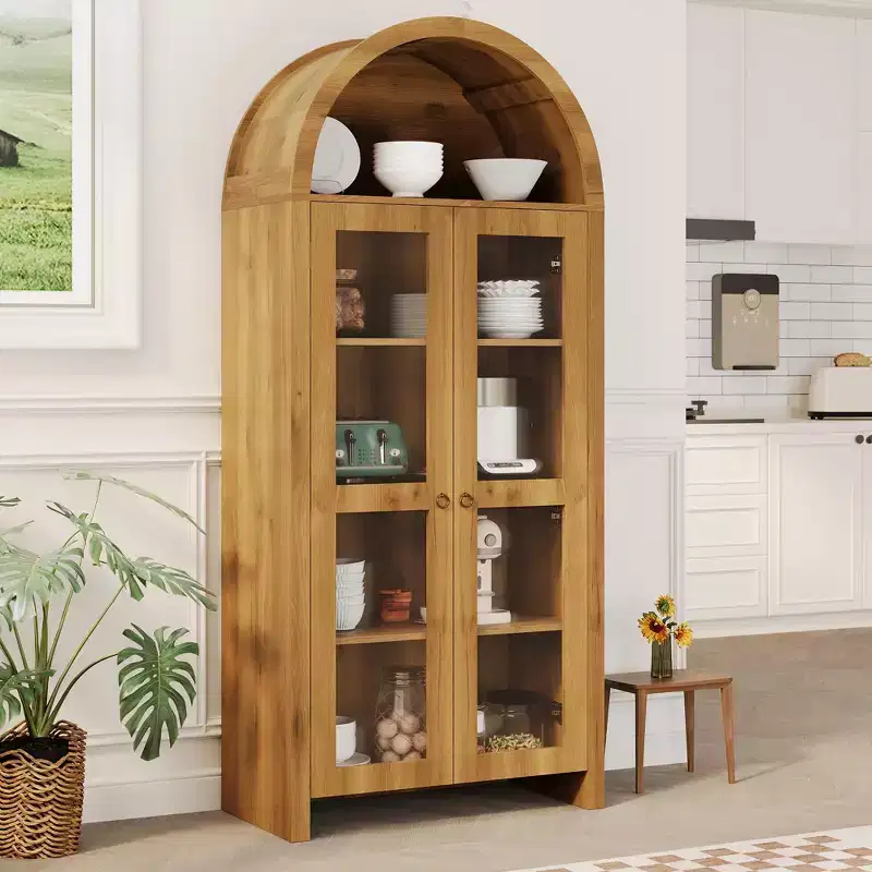 GustoWave Arched Display Cabinet with Adjustable Shelves, 70 Tall Wood Storage Cabinet with Clear Acrylic Doors in Oak Texture