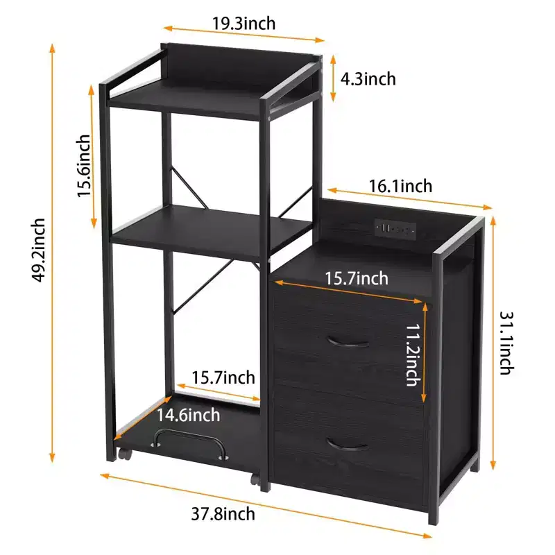 File Cabinet, Filing Cabinet Fits Letter/a4 Size, 2 Drawe File Cabinets for Home Office with Power Strip, LED Lights, Open Shelf