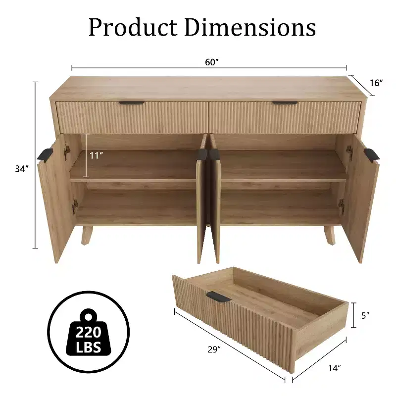 60'' Buffet Sideboard Cabinet with 2 Drawers and 4 Wave-Style Doors, Adjustable Shelves, Storage Console for Dining Room, Living Room, or Kitchen