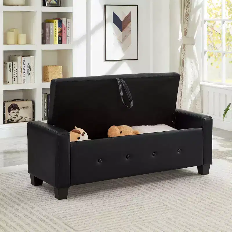 Wood & Faux Leather Storage Ottoman Bench 17''H x 18.1''W x 48''D