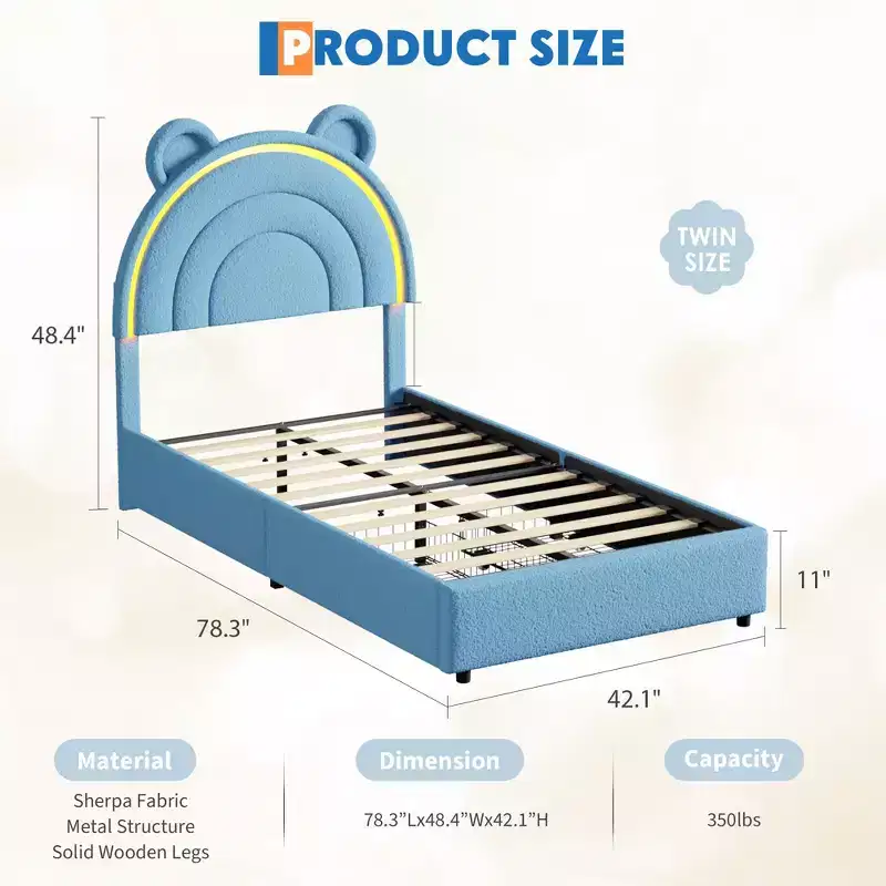 Twin Size Bed Frame with 2 Storage Drawers, Velvet Upholstered Platform Bed with Rainbow Headboard for Kids/Girls