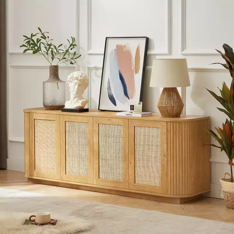 64 Japandi Rattan TV Stand, Media Console with Fluted Rounded Corners and 4 Cane Doors