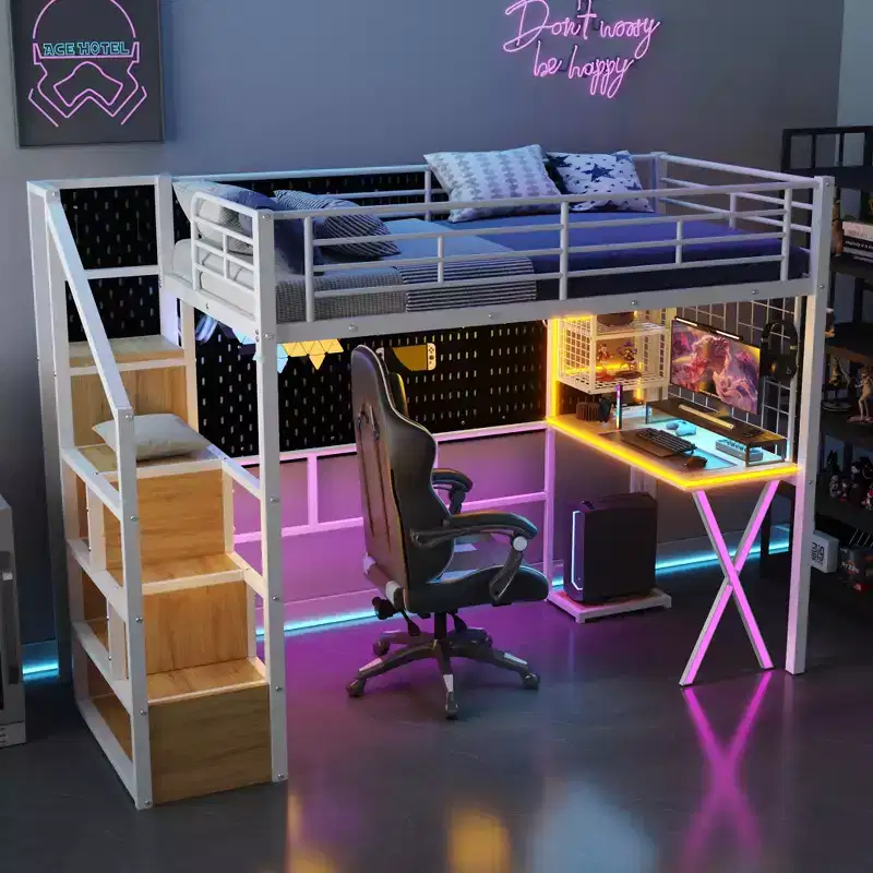Black Metal Loft Bed with Desk, Wardrobe & Staircase – Twin/Full, 1-Person
