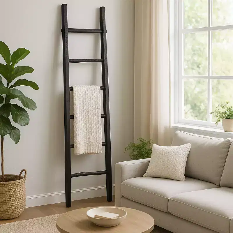 Decorative Vertical Ladder with Towel Rack Design for Blankets - Slim Storage Stand with Hooks for Bedroom or Living Room