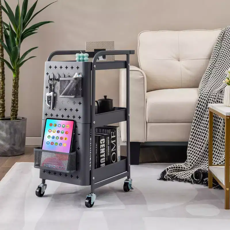3-Tier Rolling Cart Storage Trolley Organizer w/ DIY Dual Pegboards, Mobile Metal Utility Cart on Wheels Serving Cart for Kitchen Office