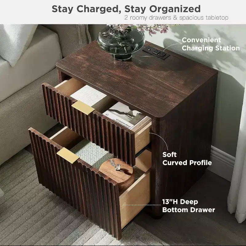 1 or 2Pack Fluted Nightstand for Bedroom, 2 Drawer Bedside Table, Modern End Table with Storage for Living Room