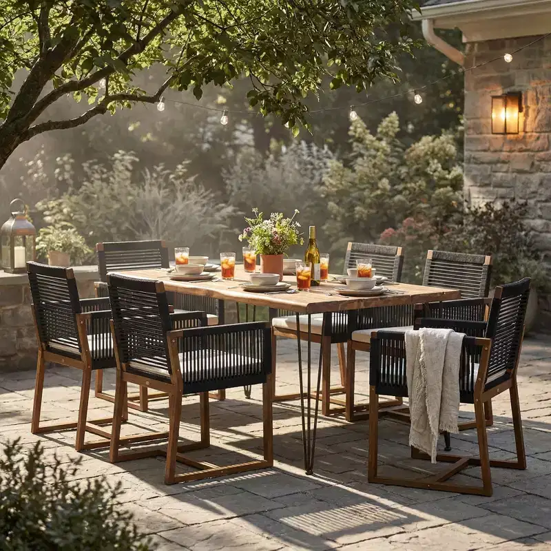 Christopher Knight Home Cristi Modern 7 Piece Patio Acacia Dining Set with Slatted Table, Iron Legs and Rope Design