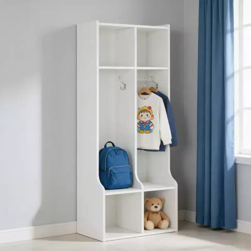 White Kids Coat Locker  2-Section Entry Organizer with 4 Cubbies & 4 Hooks for Home, School, Daycare, Nursery