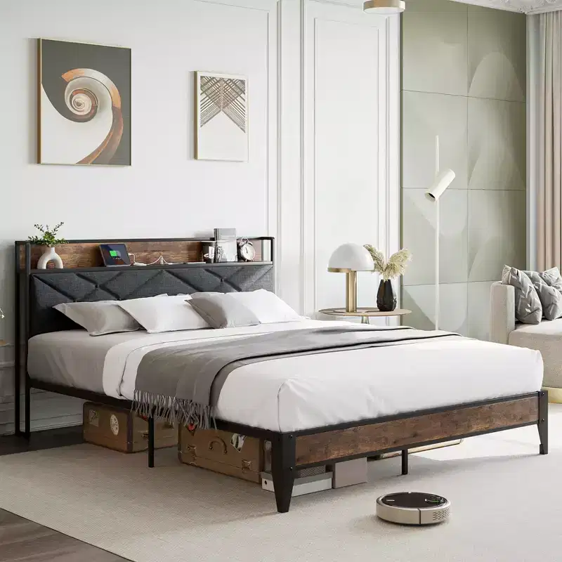 King Size Metal Platform Bed Frame with Headboard and Footboard, 11 Underbed Storage, Easy Assembly, No Box Spring Required, No Noise, Gray