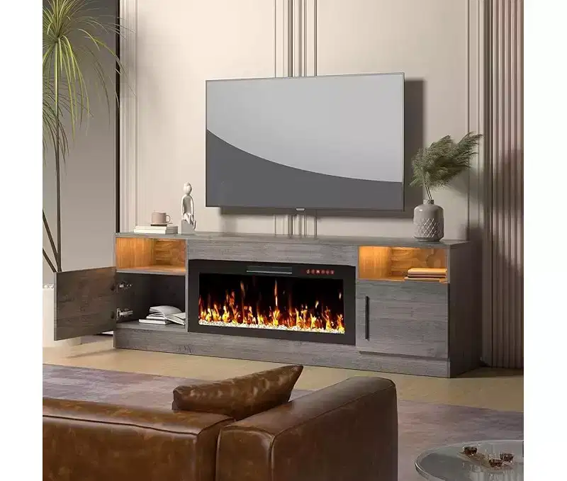 CuisinSmart TV Stand with LED Light (Up to 75 TVs), 70 Modern Wood Media TV Console with Storage Cabinet for Living Room (Fireplace Not Included)