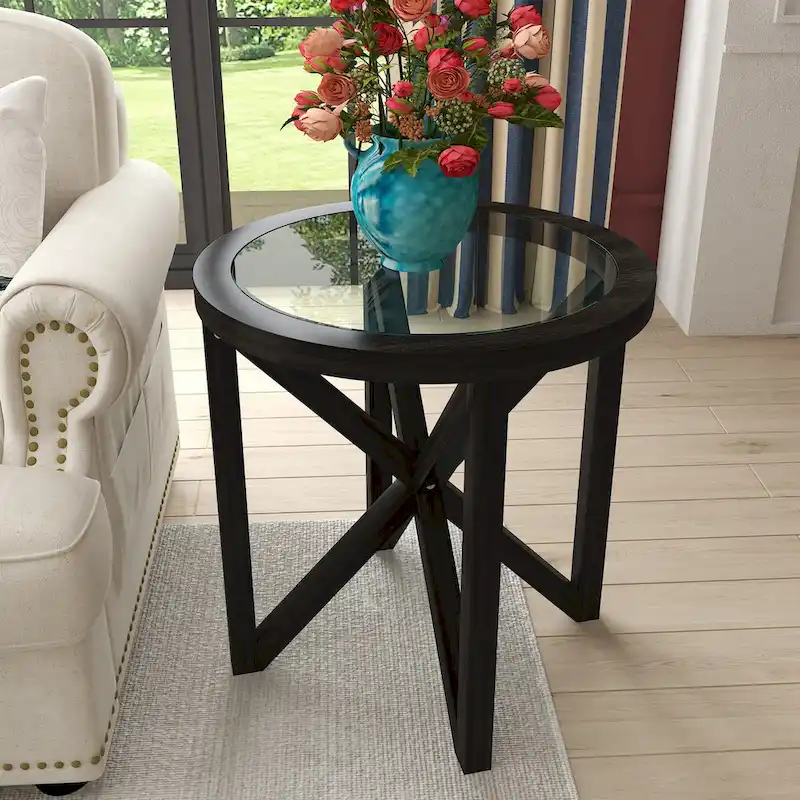 Tempered Glass Coffee Table Solid Wood Base Round Transparent Glass Top