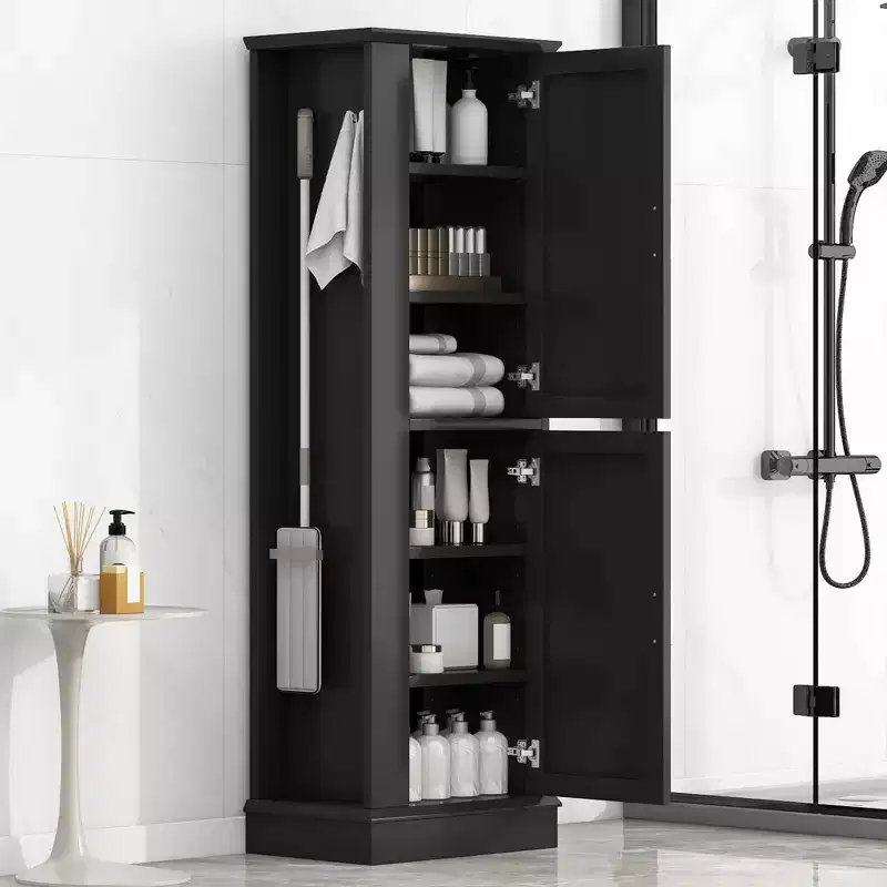 MAYEERTY Tall Bathroom Cabinet Freestanding Hook Adjustable Shelf MDF White