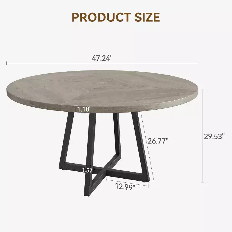 47 Round Dining Table for 4, Industrial Dinner Table with Wooden Top and Metal Base for Home Dining Room or Living Room, Grey (NO Chairs)