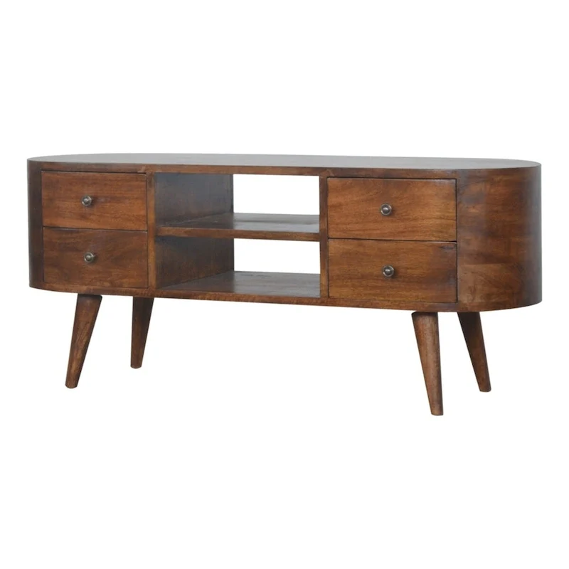 Solid Mango Wood Entertainment Unit with Rounded Edges and 4 Drawers