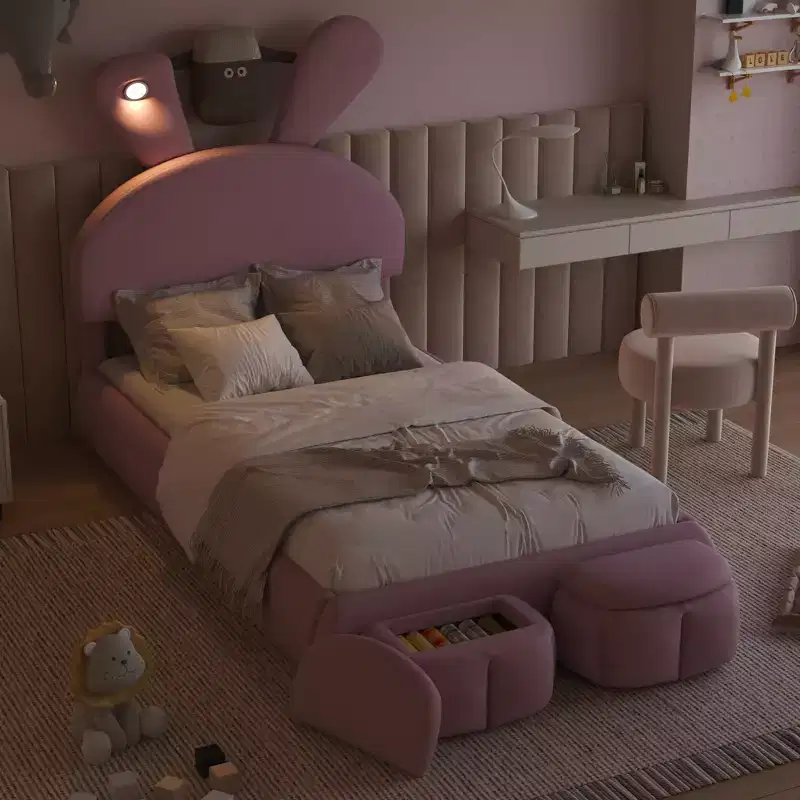 Twin Size Upholstered Platform Bed Frame for Kids, Wooden Bedframe with Cartoon Ears Shaped Headboard and Light, Pink
