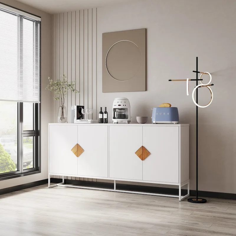 2-Door Sideboard with Iron Frame – White, MDF, Square Wood Handles