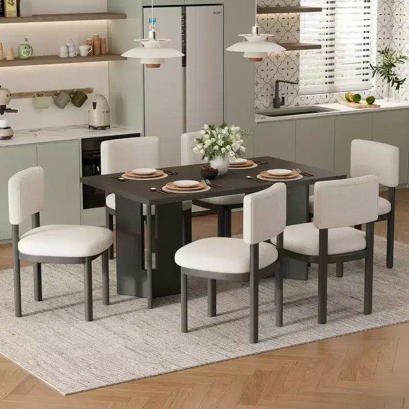 Whisen Farmhouse Wood Dining Table Set for 6 with 6 Upholstered Chairs, 60 Rectangular Dining Table with Cutout Table Legs