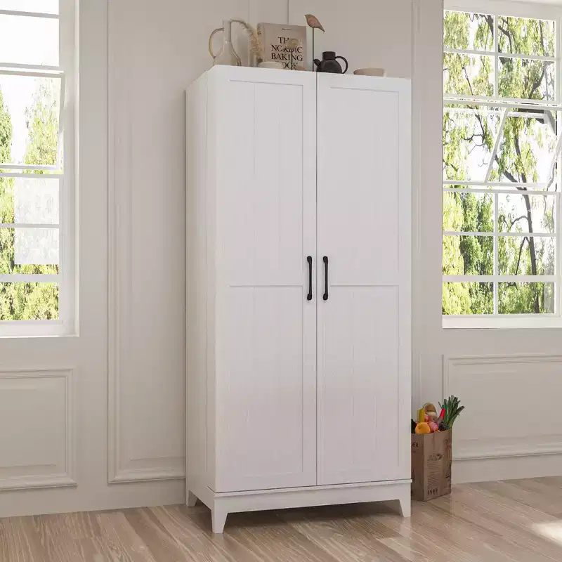 Famapy White Woodgrain Finish Kitchen Cabinets With Cup Holder Multi-Storage Space