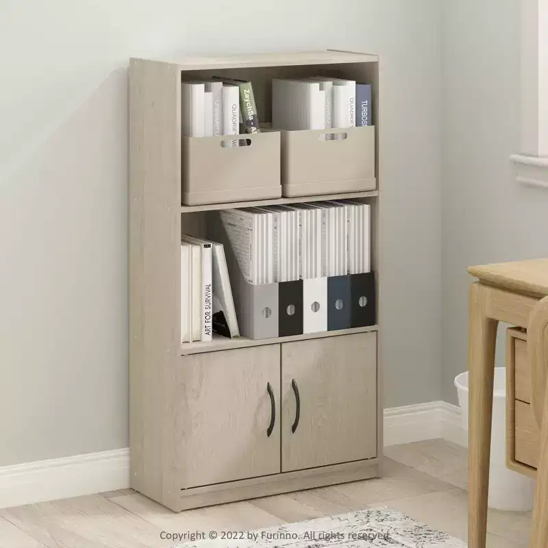 3-Tier Decorative Bookshelf Open Bookcase Display Shelf W/2 Cube&2 Doors Storage Cabinet,Metropolitan Pine