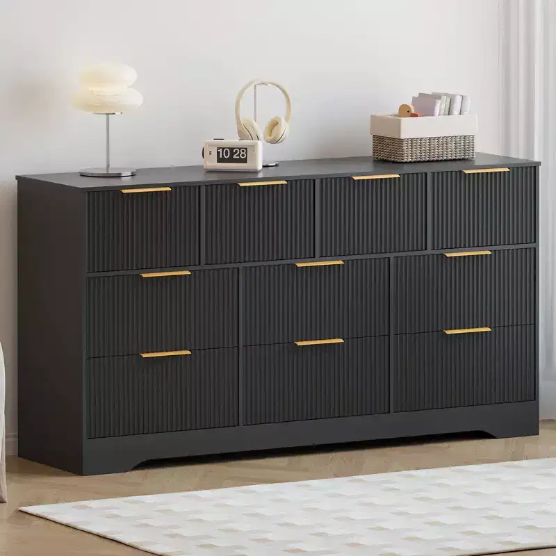 Fluted Solid Wood Dresser with 10 Drawers, 59 Modern Versatile Chest of Drawers with Anti-tipped Device