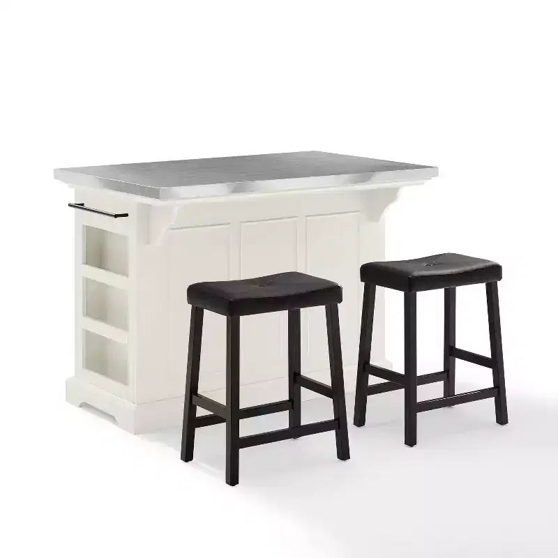 Julia Stainless Steel Top Kitchen Island: Includes 2 Stools, Spice Rack, Towel Bar - Crosley