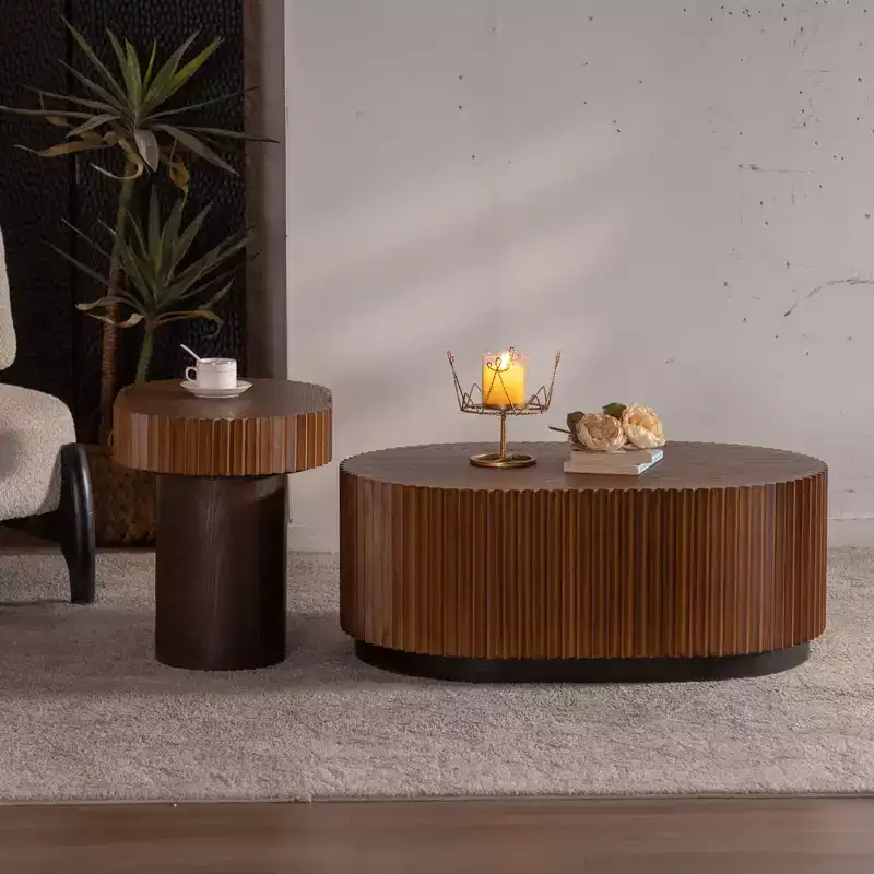 JVNOXK Set of 2 Fluted Oval Coffee Table - Solid Wood & MDF Nesting Coffee Table Set (35.43/23.62), Mid-Century Modern Wood Table for Living Room