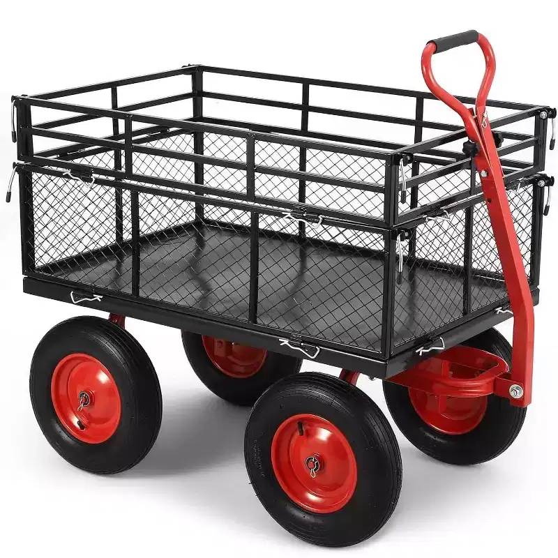 Steel Dump Utility Garden Cart, Metal Garden Cart with 180 Swivel Handle Cart and Removable Sides, for Outdoors, Gardening, Farms