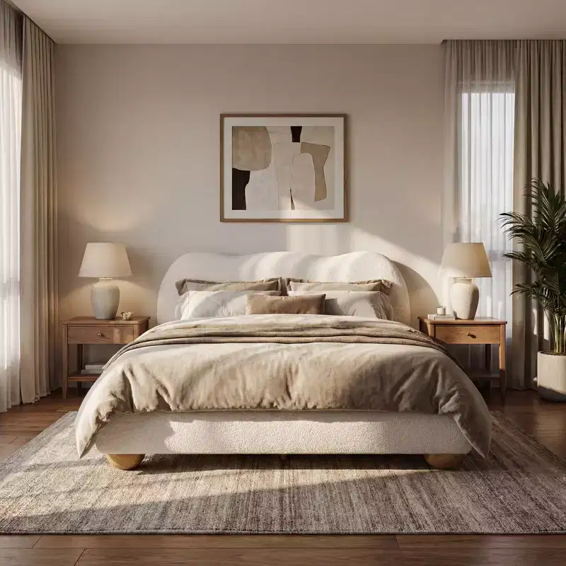 Christopher Knight Home Sarocha Modern Wooden Boucle Upholstered Bed Frame with Curved Headboard and Round Legs