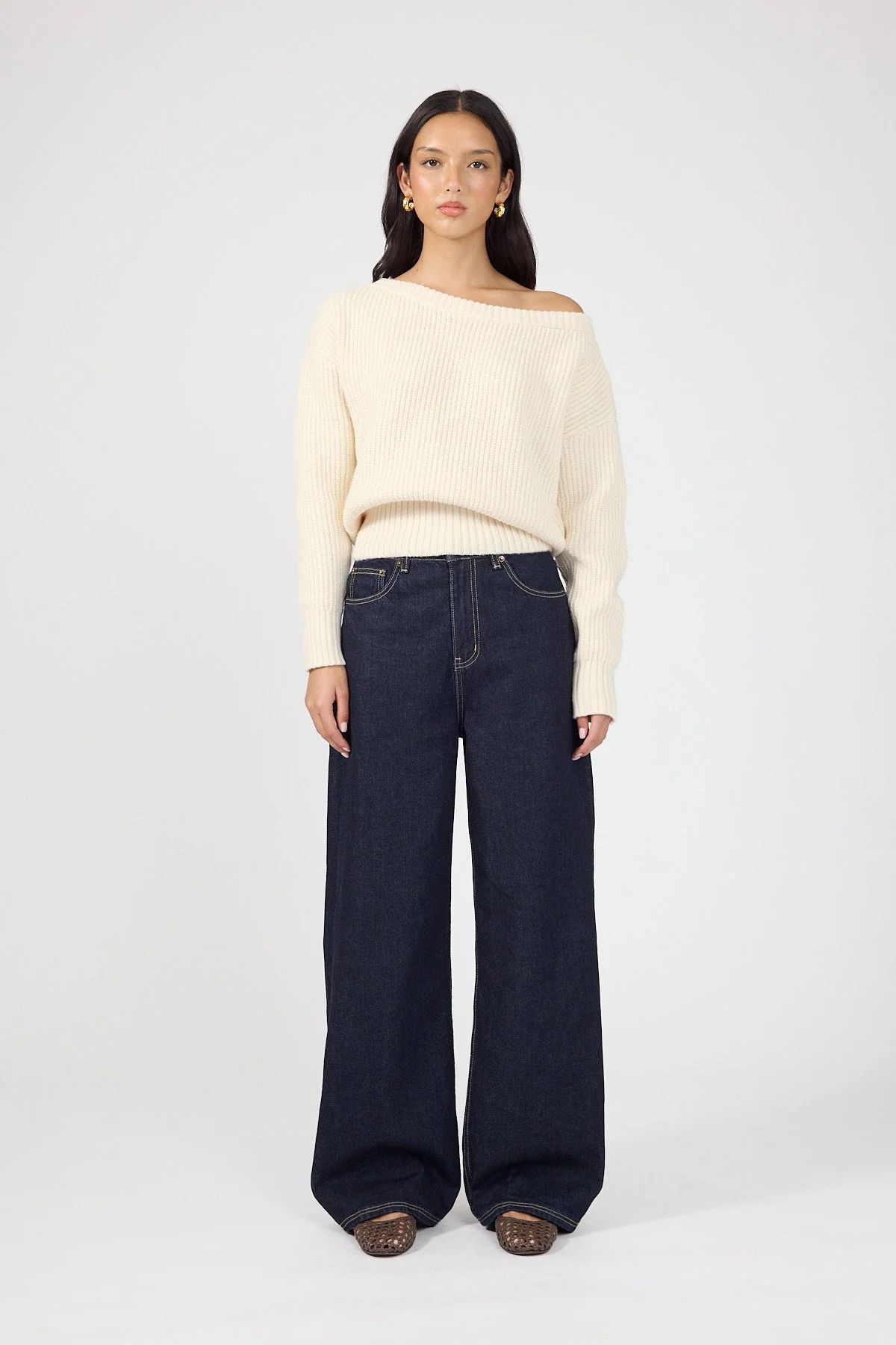 Off Shoulder Knit Jumper Cream