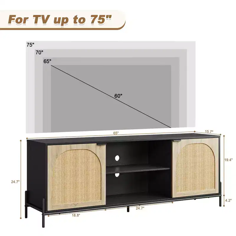 Rattan TV Stand for 75 inch TV, Entertainment Center with Storage, 65 Inch TV Console Table for Living Room, Bedroom