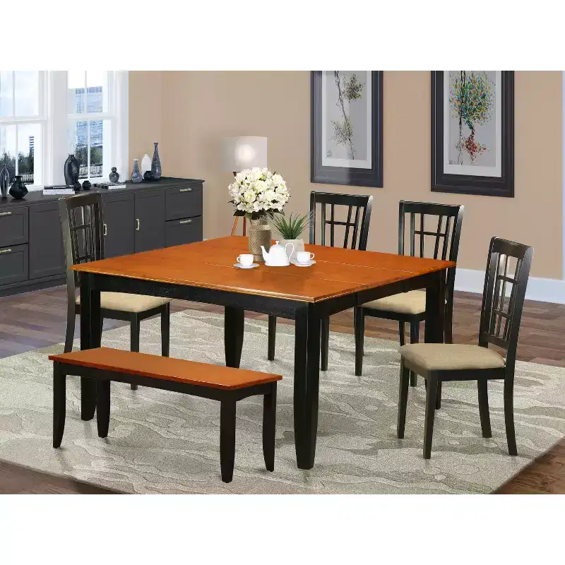 6-Piece Square Black & Cherry Finish Solid Wood Top Dining Table with 1-Bench and 4-Chairs