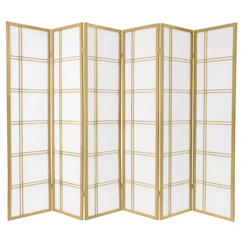 6-Panel Double Cross Shoji Screen – Gray / Gold / Ivory