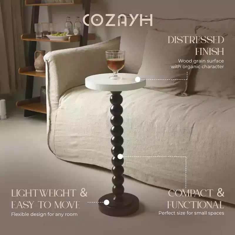 COZAYH Small Pedestal Round End Table, Living Room Furniture, Black and White