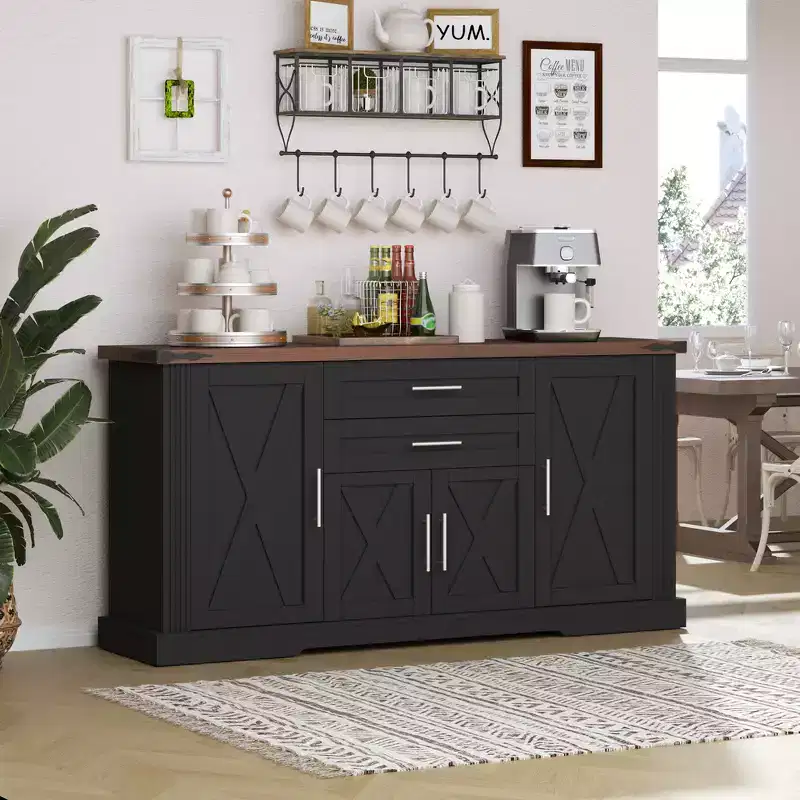 Zeus & Ruta 63 Farmhouse Storage Cabinet with Barn Door, 2 Drawers, Adjustable Shelves, Coffee Bar Buffet for Kitchen, Entryway, Dining Room
