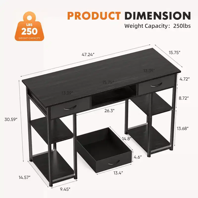 TUYOHW 48 Computer Desk with 2 Drawers,Writing Desk with Open Shelves for Vanity,Study,Gaming Desk for Home Office Dorm