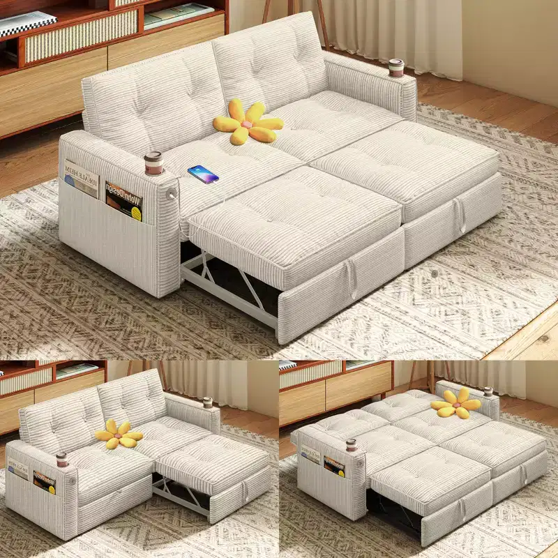MooxvMoo 73 Queen Size Loveseat Sleeper Sofa w/ Pull Out Bed, Pockets and USB, Modern 2 Seater Convertible Small Couch for Living Room, Beige