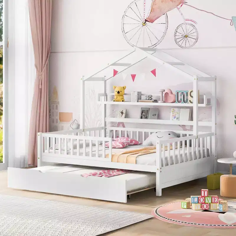 MAYEERTY Wooden Full Size House Bed with Twin Size Trundle Kids Bed with Shlef for Bedroom White