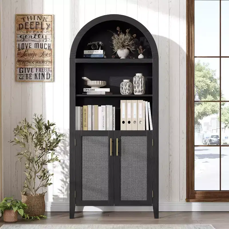 Arched 5-Tier Bookshelf with Doors  Modern Display Shelf with Rattan Details, Storage Cabinet for Home Office, Living Room, or Library