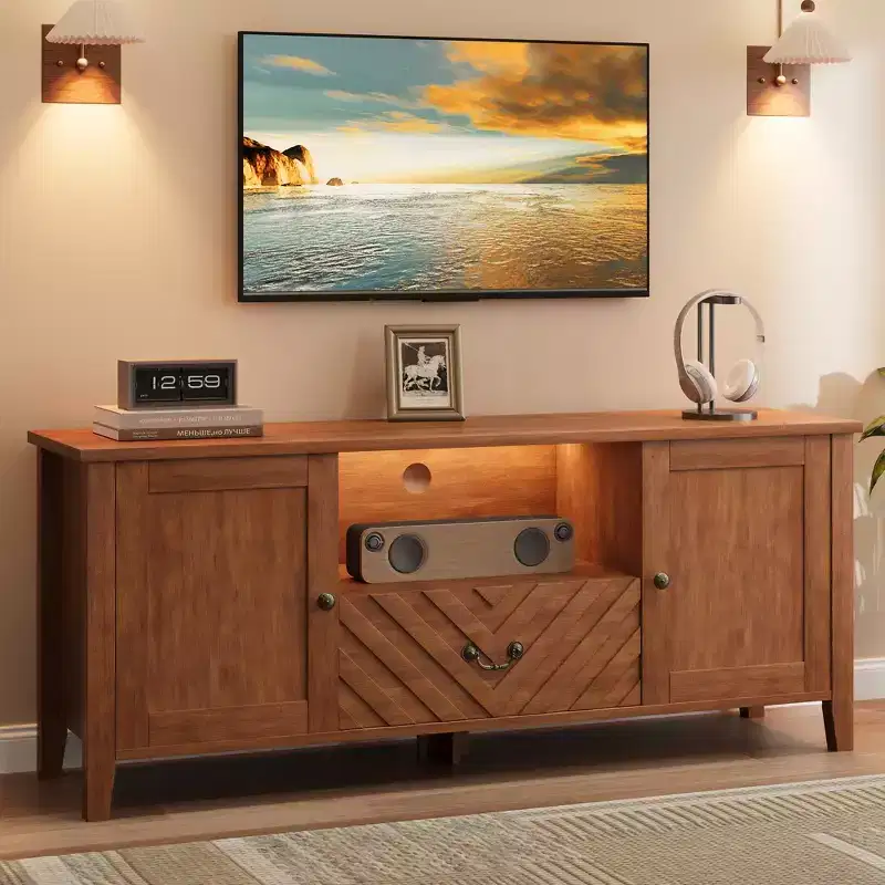 Retro V-shaped TV cabinet with LED lighting suitable for living rooms, bedrooms and entertainment centres. Features two storage doors and one drawer.